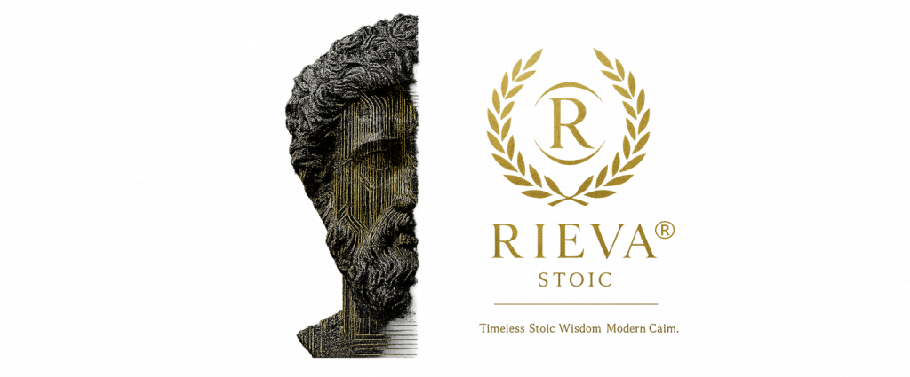RIEVAStoic® logo, gold laurel wreath and “R” monogram on deep green; Stoic-inspired identity for sleep, stress, and focus programs.